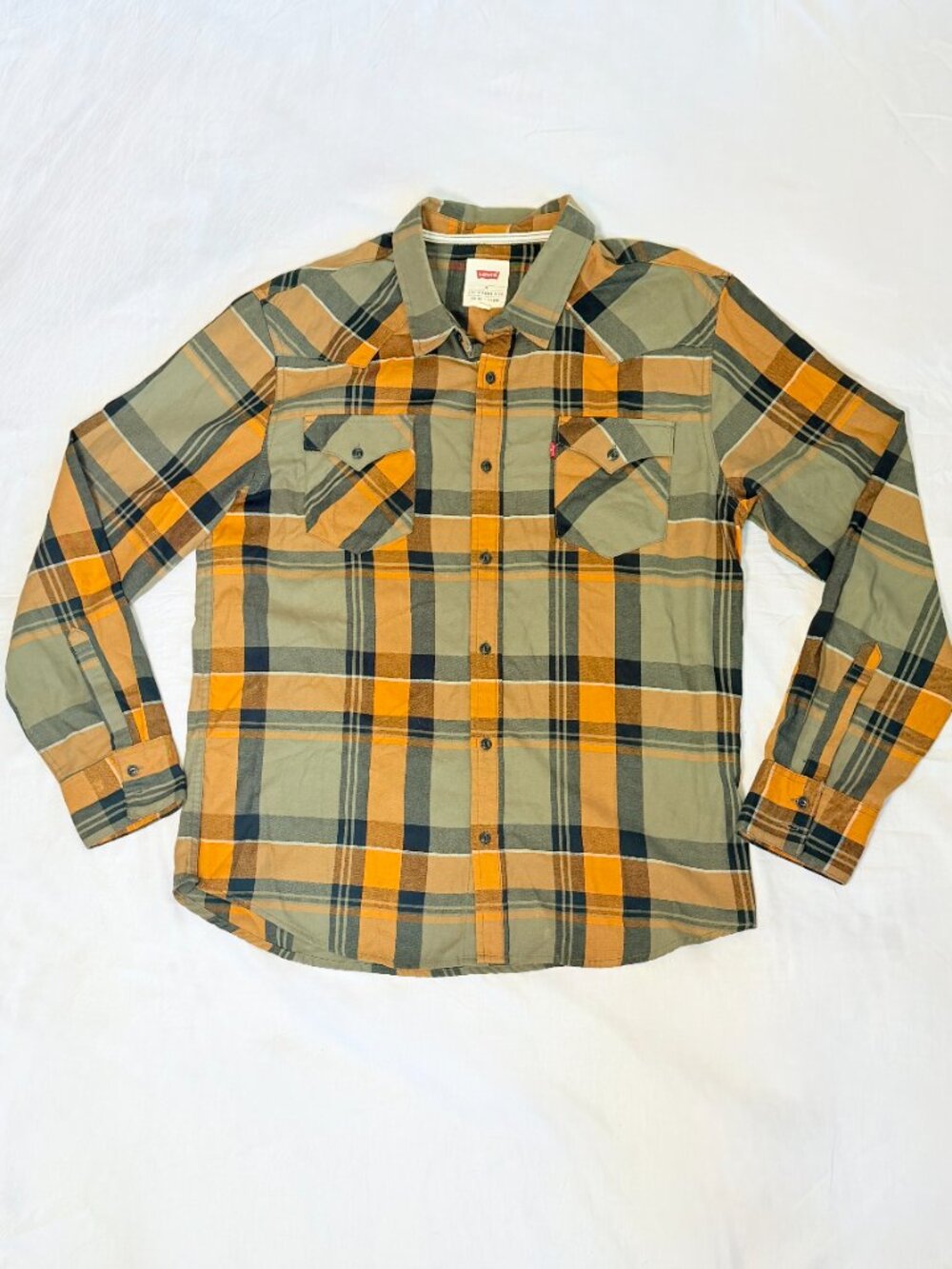 Levi's Mens XL Flannel Shirt Olive Green Mustard Yellow Plaid Button Up Worker